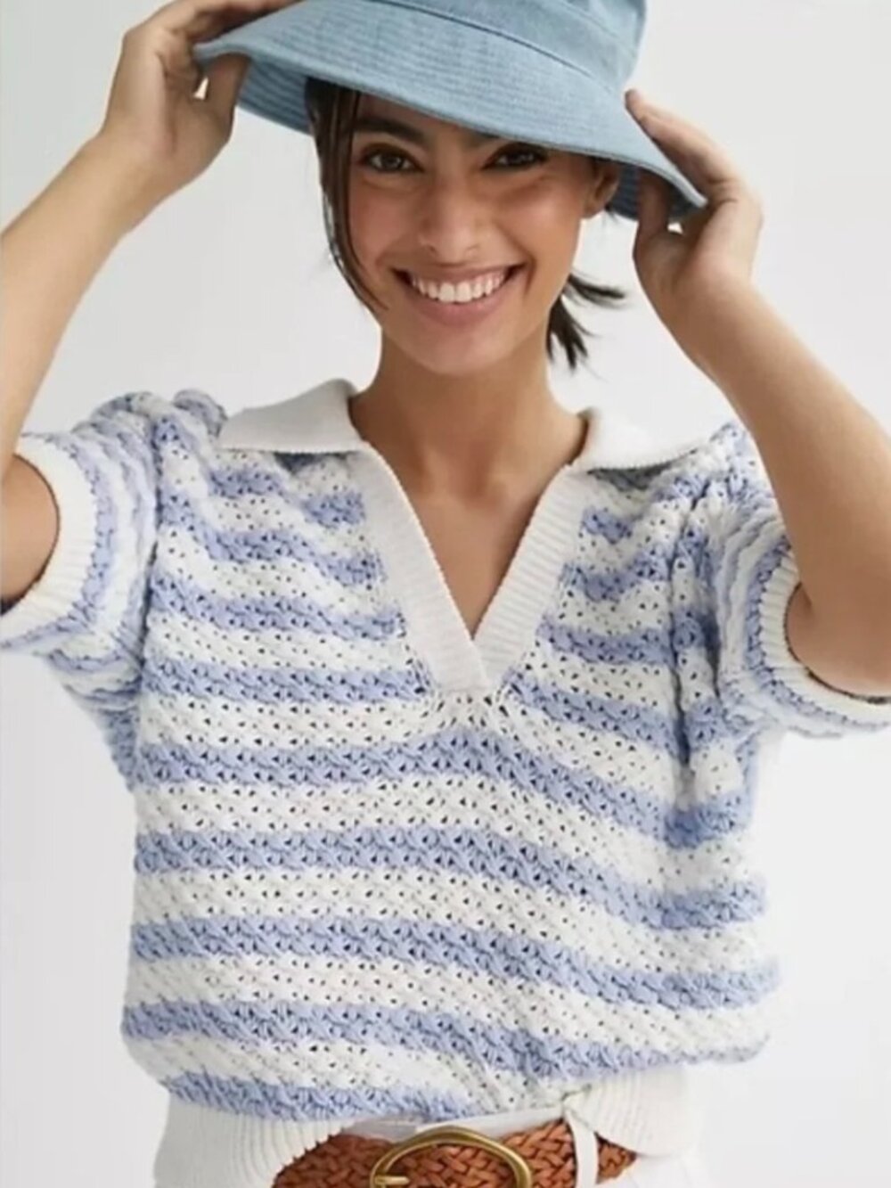Anthropologie Maeve Grace Open Back Polo Sweater Blue Stripe Coastal Cottagecore